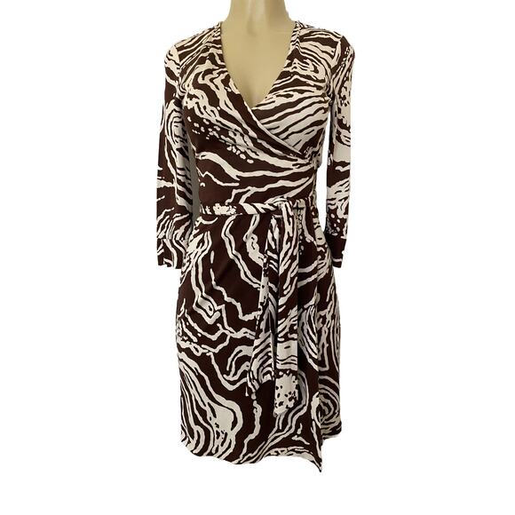 DVF Diane von Furstenberg Vintage Julian Wrap Dress Brown White 3/4 Slee… - Picture 1 of 6